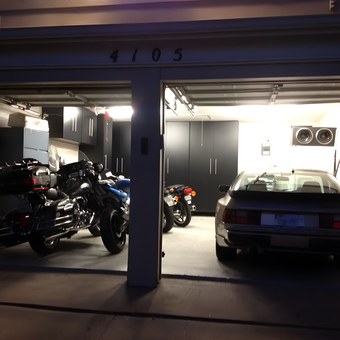 Organized Garage with Motorcycles, Car, and Cabinets - David from Arlington, TX