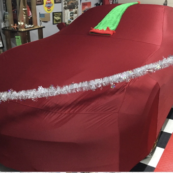 Red Car Cover with Holiday Decor in Garage - Ron from CA