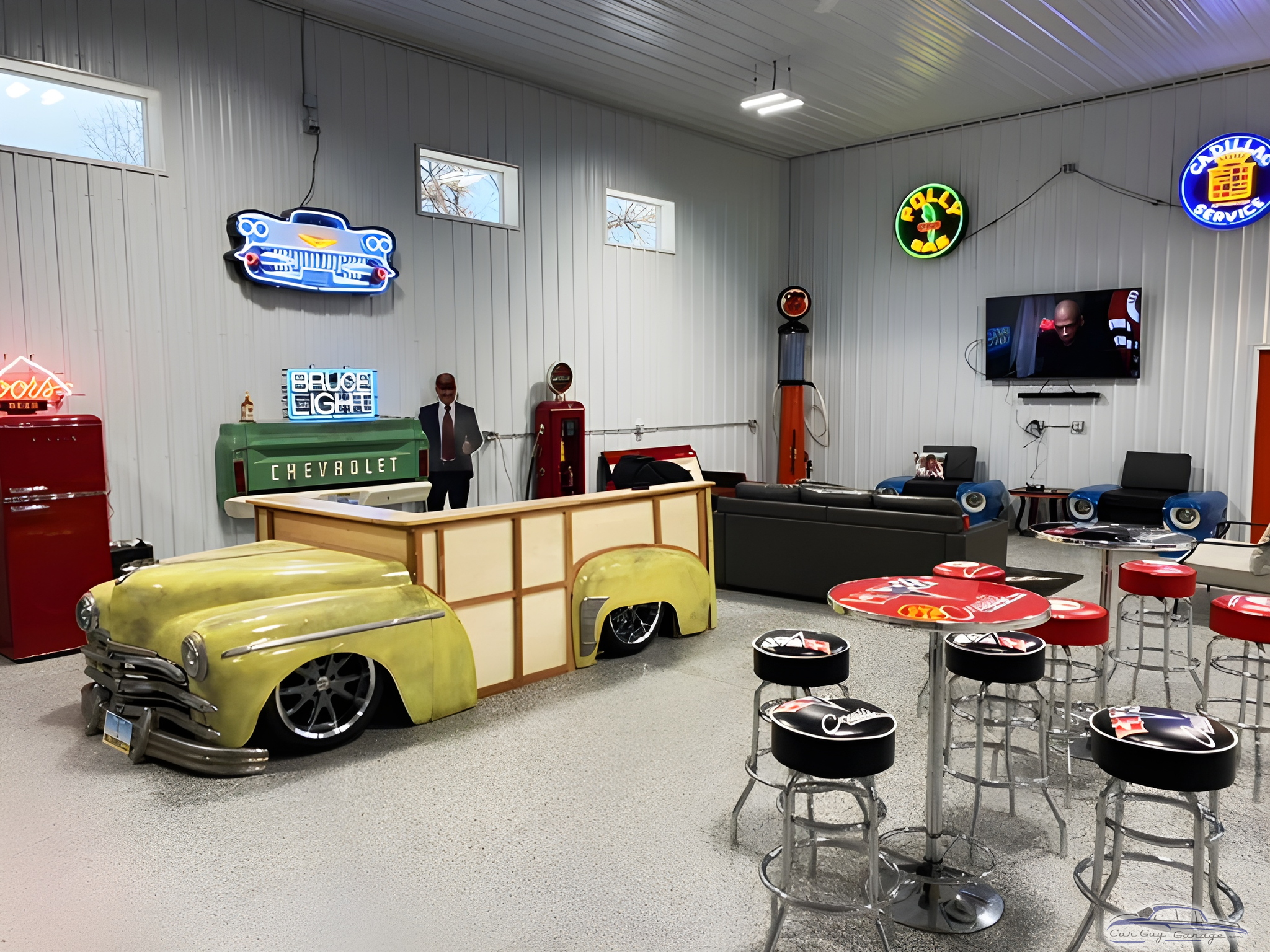 Retro Garage Lounge with Car Bar and Neon Signs - Mike