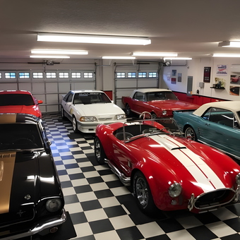 Classic Car Collection on Checkered Floor Garage - Frank