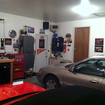 Organized garage with tool chest, cabinets, and classic car decor - Dave from Garden City, KS