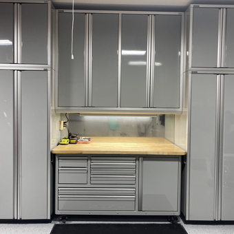 Modern Grey Garage Cabinets with Wood Worktop - Bob from Babcock Ranch, FL