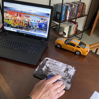 Garage Office Setup with Car Mousepad and Model Car - Salty Dog from Pine Mountain Club, CA