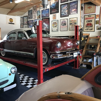 Classic Car Lift and Wall Art in Vintage Garage - Gary's Garage from Southern California