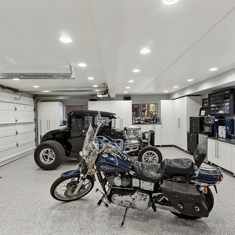 Organized garage with hot rod, motorcycle, and cabinets - Ron from Big Bear Lake, CA