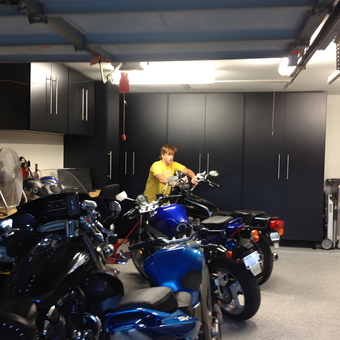 Motorcycle Filled Garage With Black Cabinets - David from Arlington, TX