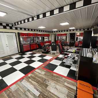 Racing Themed Garage with Red Cabinets and Checkered Floor - Randy from Erie, PA