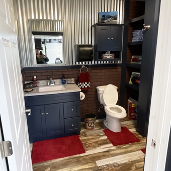 Garage Bathroom With Corrugated Metal Walls and Route 66 Decor - Randy from Erie, PA