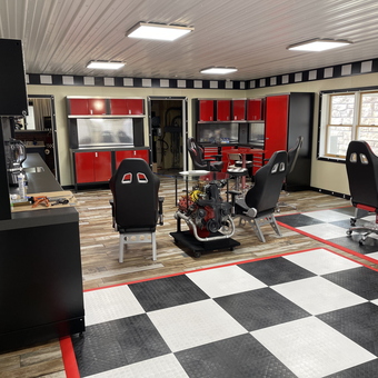 Modern Garage with Red Cabinets and Racing Chairs - Randy from Erie, PA