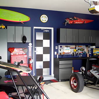 Organized garage with cabinets, tool chests, and hot rod - Greg from Winter Garden, FL