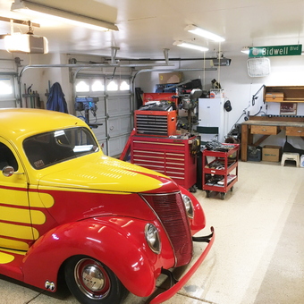 Classic hot rod, tool chests, and workbench in garage - Willie from Las Vegas, NV