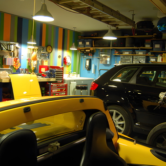 Colorful garage with organized workbench and cars - Vince from Huntsville, AL