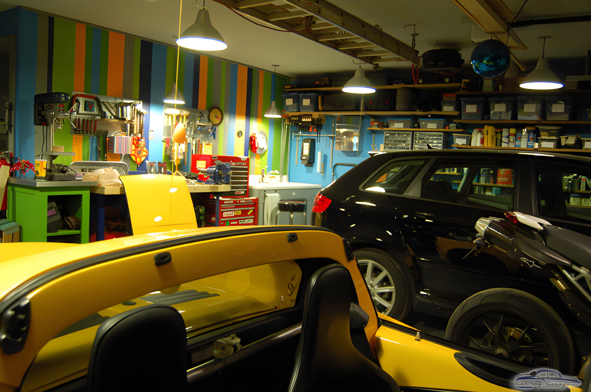 Colorful garage with organized workbench and cars - Vince from Huntsville, AL