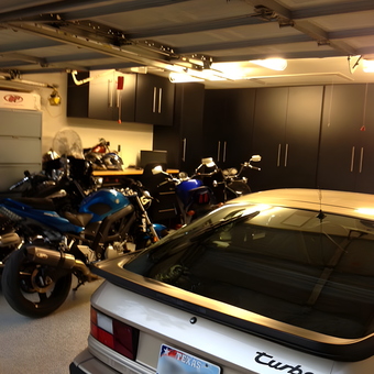 Organized Garage With Black Cabinets, Car, Motorcycles - David from Arlington, TX