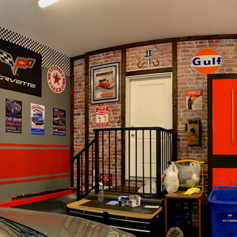 Garage with Red Cabinets, Car Signs, and Wall Art - Jim from Okotoks Canada