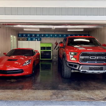 Organized Garage with Cabinets, Tool Chest, and Red Cars - Chase from Mount Airy, NC