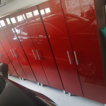 Glossy Red Garage Cabinets with Silver Handles - Brenda from FORT MYERS, FL