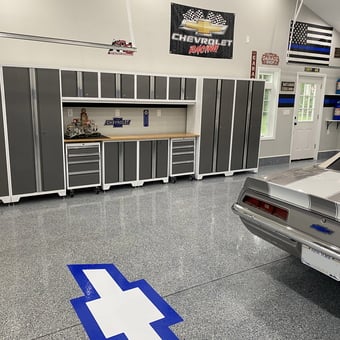 Modern Garage with Cabinets, Workbench, Classic Car - ci-20703