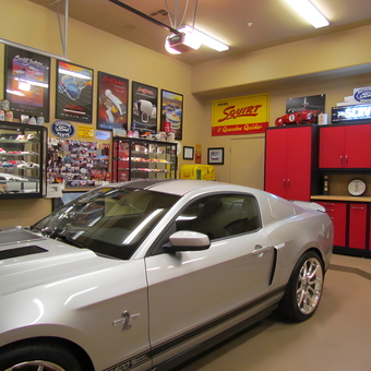 Garage with Mustang, red cabinets, and vintage signs - Bob from Paradise Valley, AZ