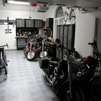 Motorcycle Garage with Cabinets, Tool Storage, and Bikes - Fuelburner from Cary, NC