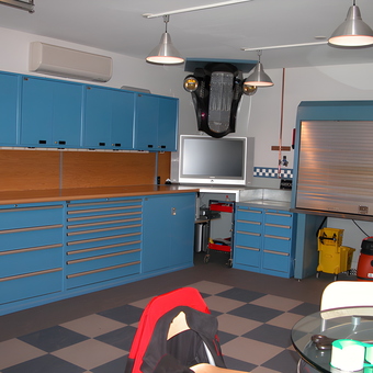 Blue Garage Cabinets and Workbenches with Storage - John from Oakland, MI