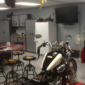 Motorcycle Garage with Cabinets, Bar Stools, and TV - Jerry from Rolling Meadows, IL