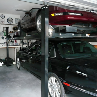 Garage with Two Post Car Lift and Shelving - Ernie