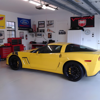 Yellow Corvette in Organized Garage with Red Tool Cabinets - Jack from Viera, FL