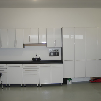 White Garage Cabinets and Workbench Storage - Bob from Urbandale, IA