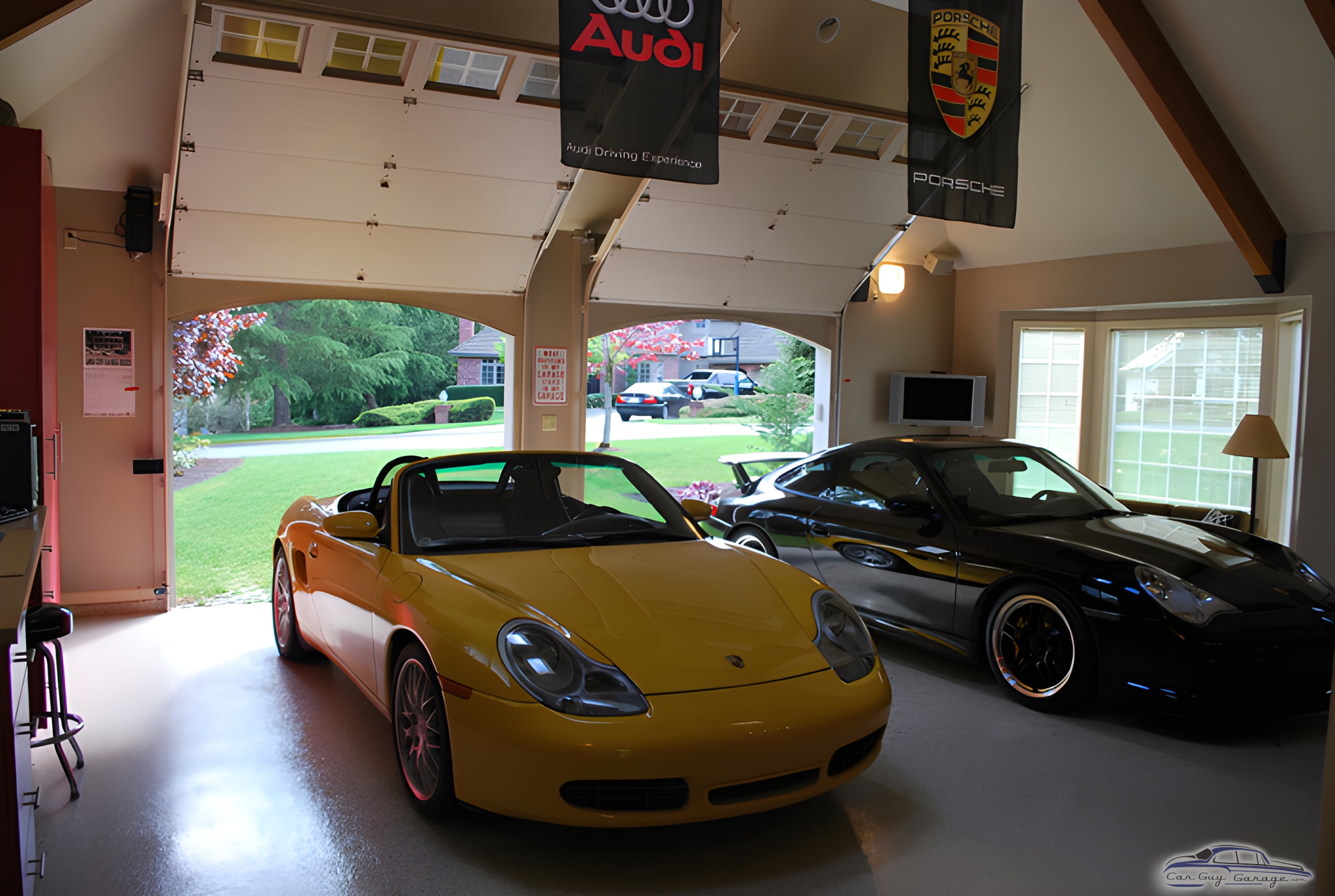 Luxury Garage with Porsche Cars and Banners - Doug from Redmond, WA