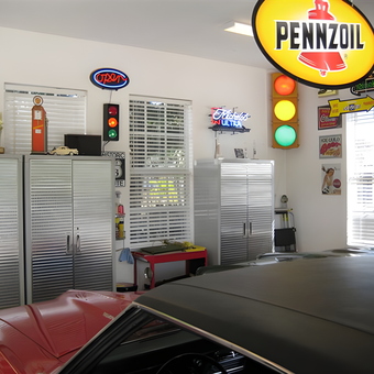 Garage with Metal Cabinets, Neon Signs, and Pennzoil Light - Thomas from Palm City, FL