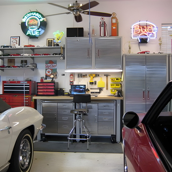 Organized garage with metal cabinets and neon signs - Thomas from Palm City, FL