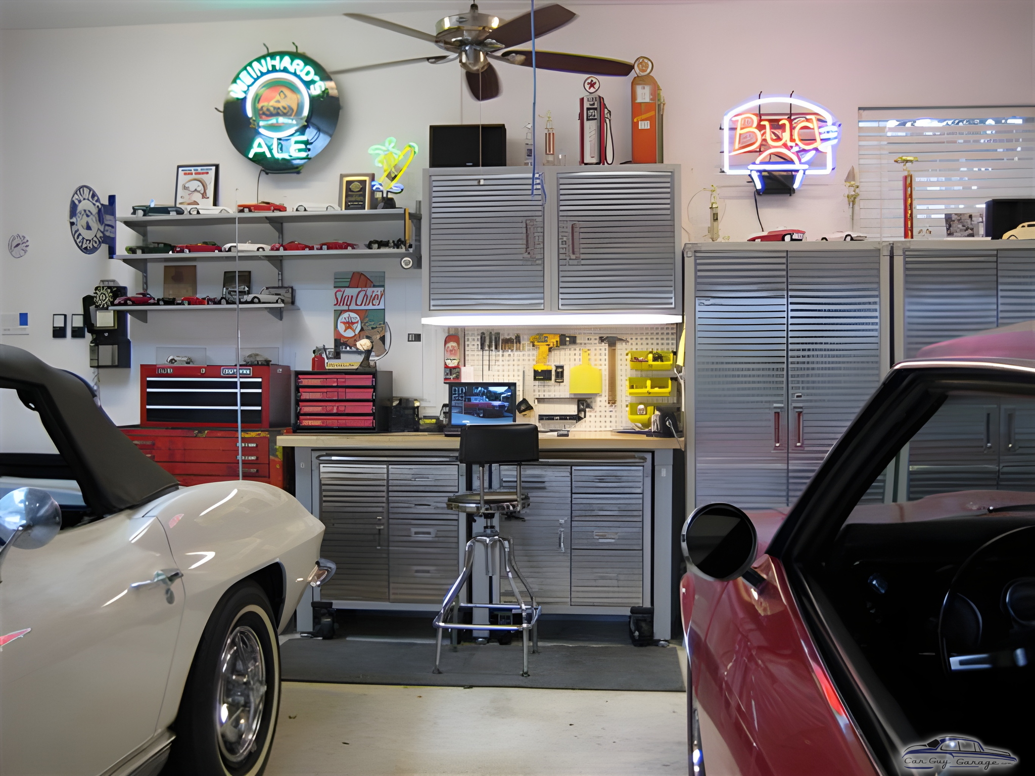 Organized garage with metal cabinets and neon signs - Thomas from Palm City, FL