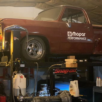 Classic Mopar Truck on Car Lift with Tools - Dusty garage from Madison, OH