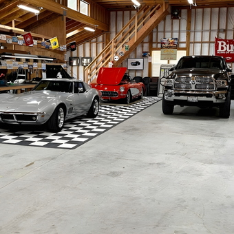 Classic Car Garage with Checkered Floor and Wall Decor - Walt from Petaluma, CA