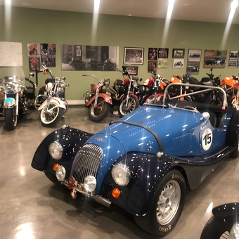 Classic blue roadster and vintage motorcycles display - Jason from Arroyo Grande, CA