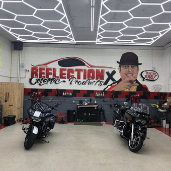 Custom Garage with LED Lighting, Cabinets, and Motorcycles - The Godfather from Peabody, MA