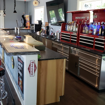 Garage Bar with Tool Chest Cabinets and Logo Stools - David from NH