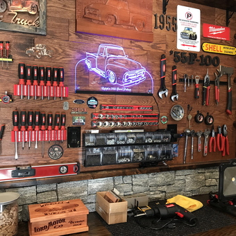 Organized Garage Tool Wall with Neon Truck Sign - RALPH
