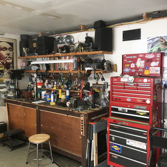 Organized garage workbench with tool chest and shelves - William from Monroe, NY
