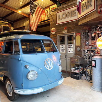 Vintage garage decor with VW bus and gas pump - Jeff from BASTROP, TX