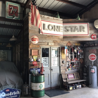 Vintage Garage Decor with Signs and Gas Pump - Jeff from BASTROP, TX