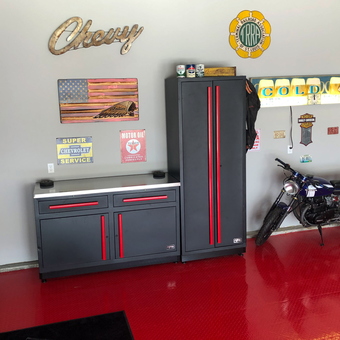 Red Floor Garage With Cabinets, Signs, Motorcycle - Geo Garage from Wentzville, MO