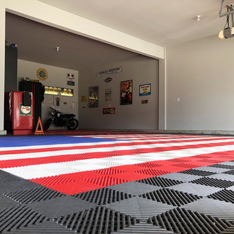 Patriotic garage floor tiles with vintage decor - Geo Garage from Wentzville, MO