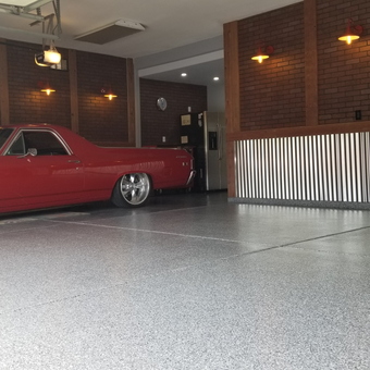 Custom garage with red classic car and corrugated walls - Thom from Surprise, AZ