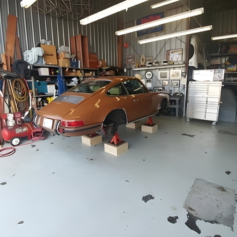 Classic car on jack stands in organized garage - Chuck from Pleasant Hill, CA