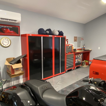 Red Tool Cabinets and Workbench in Organized Garage - Rhys from East China Township, MI