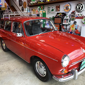 Classic Red VW Wagon and Neon Signs Display - Neon Leon from Canal Winchester