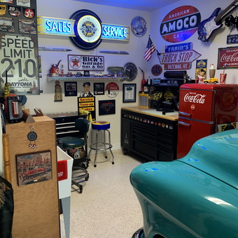Retro Garage Decor with Neon Signs and Car Parts - Rick from Ponte Vedra, FL
