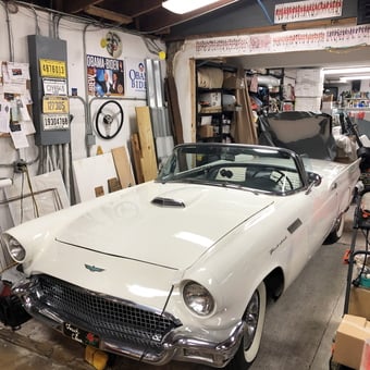 Classic White Thunderbird and Vintage Decor in Garage - Gary from Miami, FL
